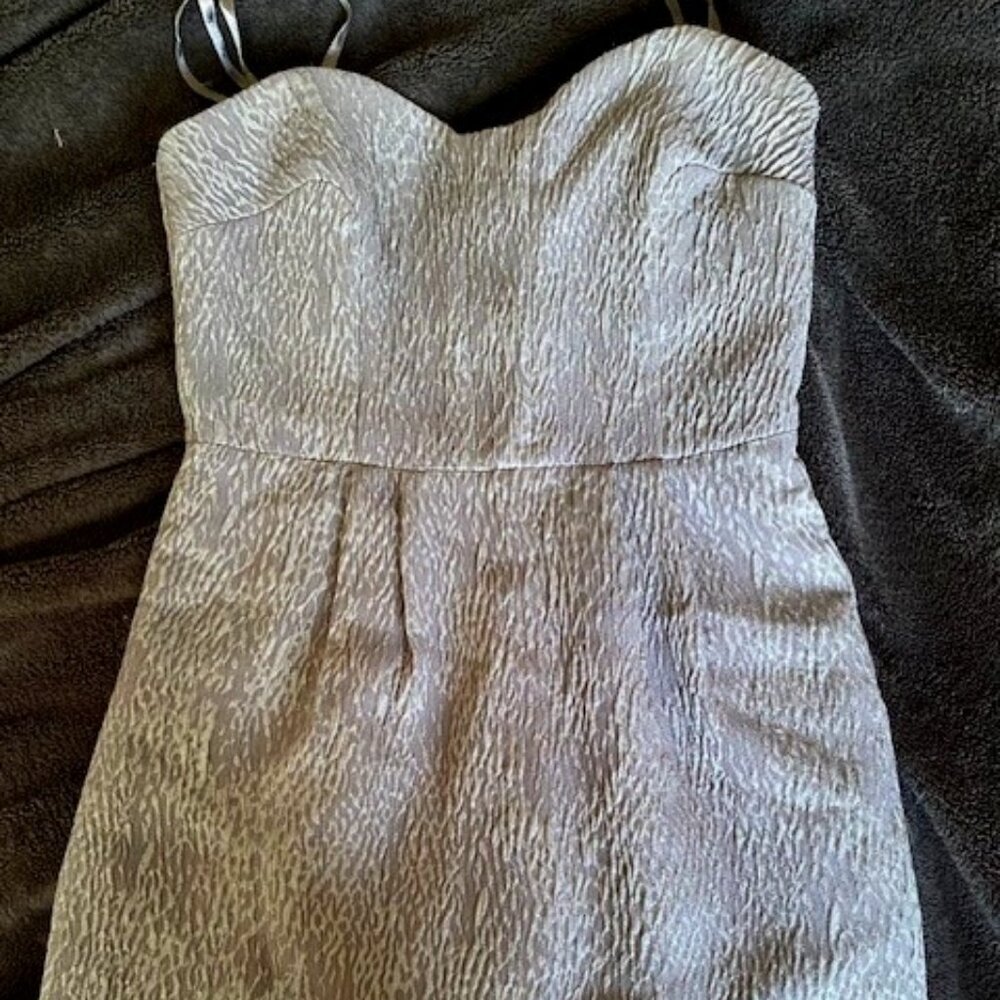 BCBGeneration Grey Strapless Dress Size 2 with Black ruffle detail on back